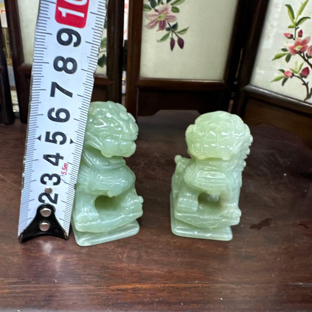 彫刻，置物，玉石，翡翠，獅子像 2体セット