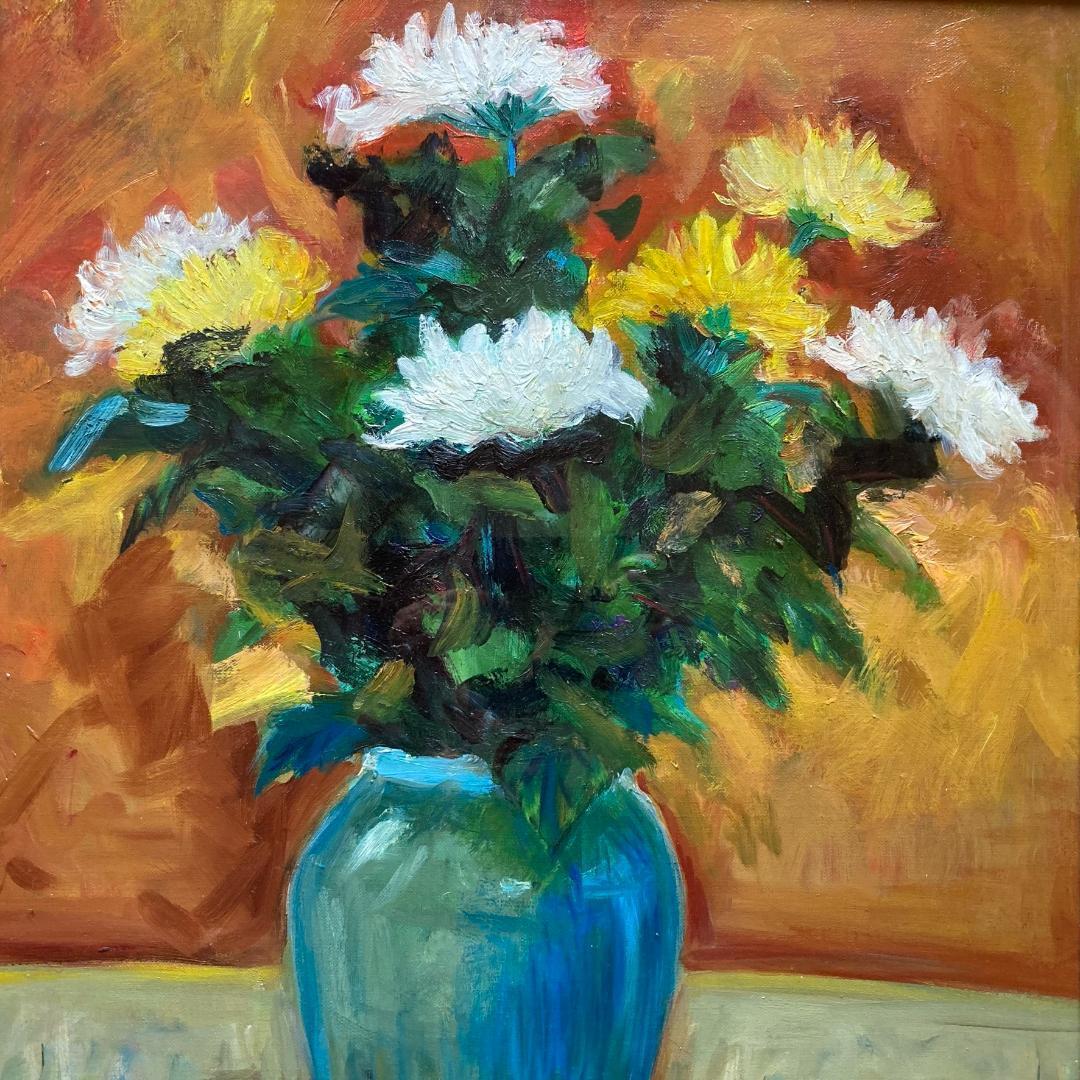 【広瀬寅夫】1984年制作 79歳時の油絵 花瓶の菊花 12号