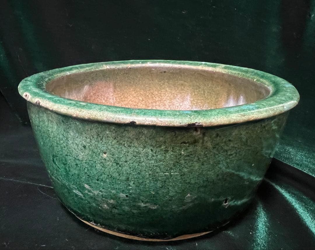 中国清朝在銘（石湾和安造）緑釉陶器 古美術 骨董品高さ8.5cmx口径19cm