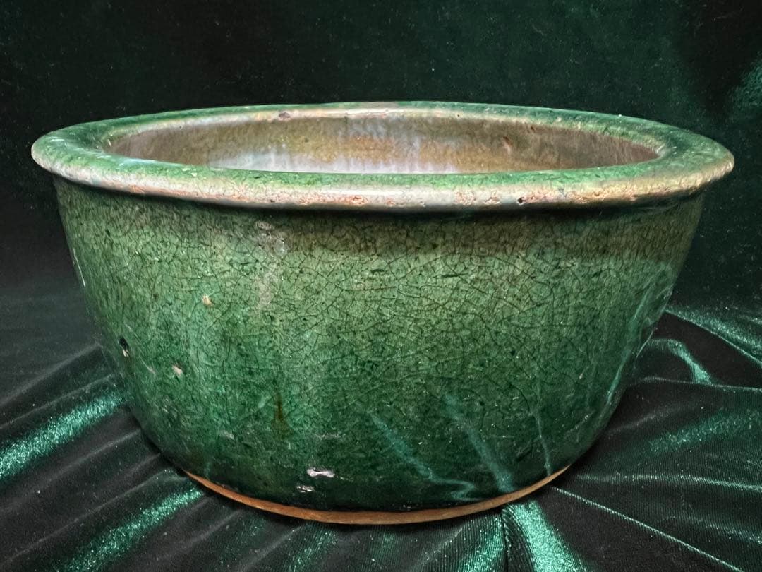 中国清朝在銘（石湾和安造）緑釉陶器 古美術 骨董品高さ8.5cmx口径19cm