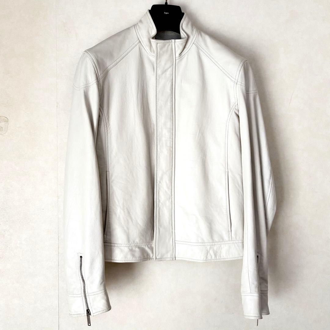【美品】Zegna スタンドカラーシングルレザージャケット ホワイト白 革ジャン