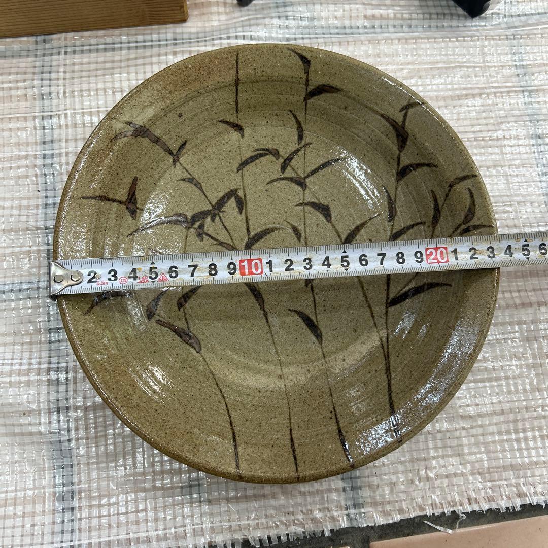 大皿■絵唐津笹紋皿 唐草 飾り皿 料理皿 粉引 古美術 時代物 骨董品■落款入り