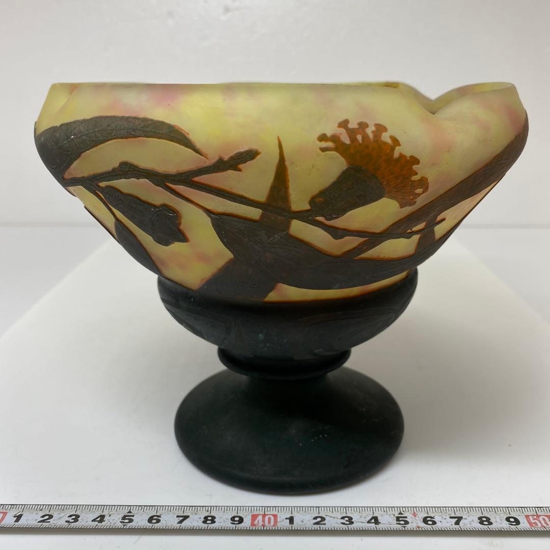 19世紀　ドームナンシー　異色ガラス溶込酸化腐食彫花瓶　東さ7-0130☆2F