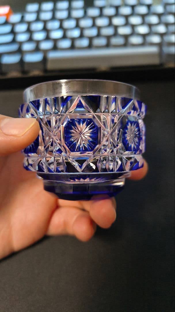 薩摩切子 猪口 八角 籠目文 青　酒器　ぐい呑み　切子