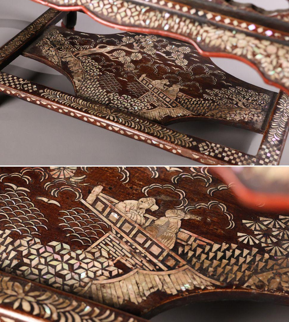 【MA732】時代 中国美術 人物文 螺鈿細工 二段卓 花台 木製 香炉台