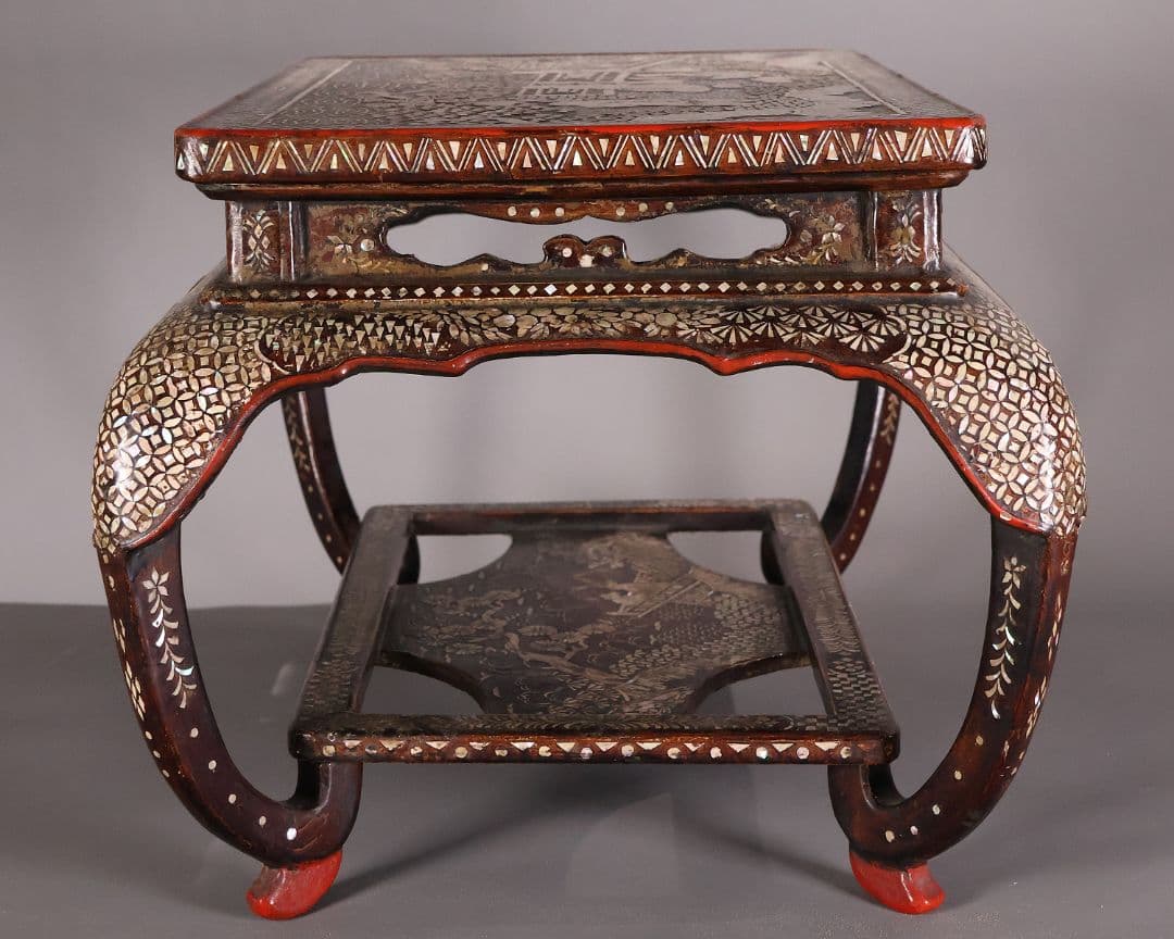 【MA732】時代 中国美術 人物文 螺鈿細工 二段卓 花台 木製 香炉台