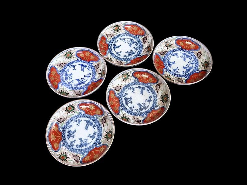 古伊万里　色絵　窓絵　貝の図　４寸皿　５枚　A137AS-CYs