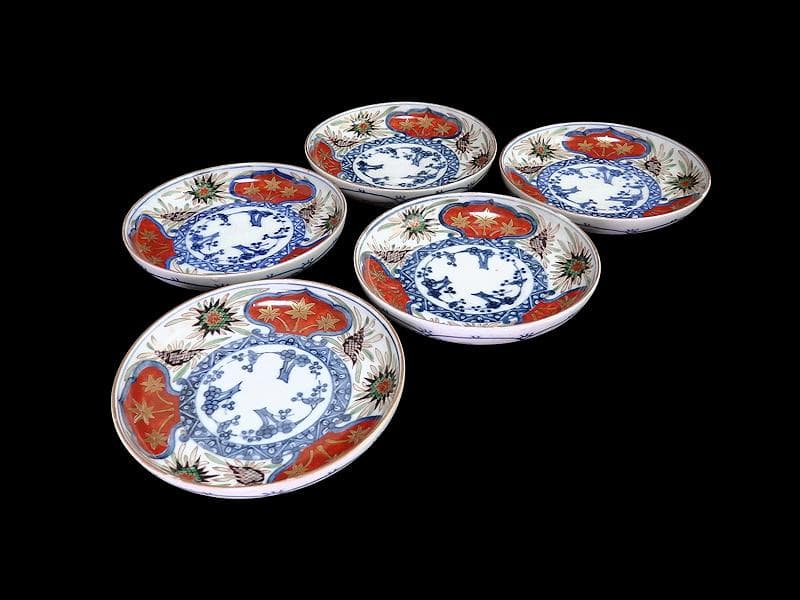 古伊万里　色絵　窓絵　貝の図　４寸皿　５枚　A137AS-CYs