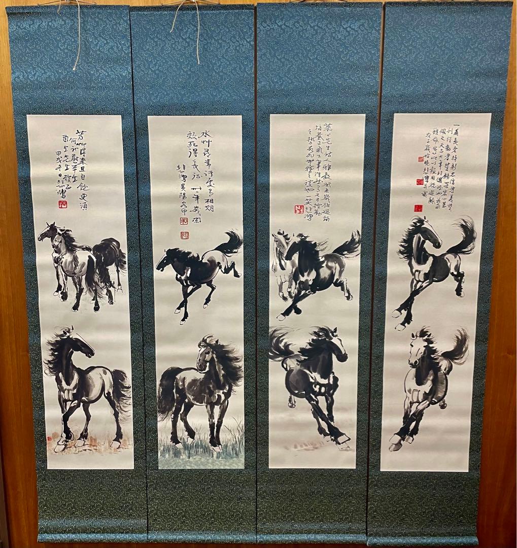 中国美術品・名家手描き駿馬彩畫4條塀掛軸・水彩畫・徐悲鴻印款・肉筆・掛軸　証書付