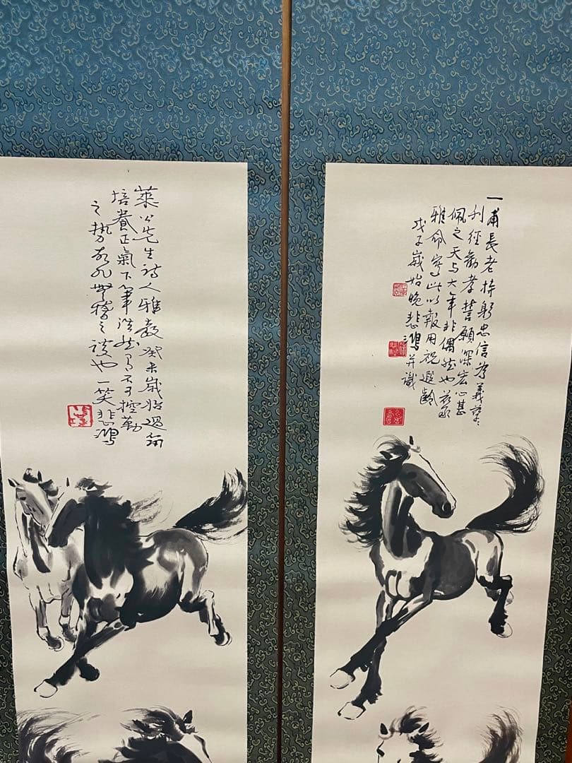 中国美術品・名家手描き駿馬彩畫4條塀掛軸・水彩畫・徐悲鴻印款・肉筆・掛軸　証書付