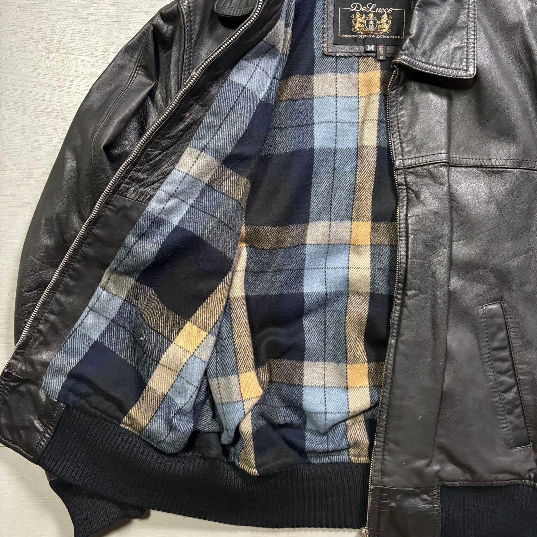 vintage レザージャケット　ブルゾン　本革オールレザー　チェック　短丈　M