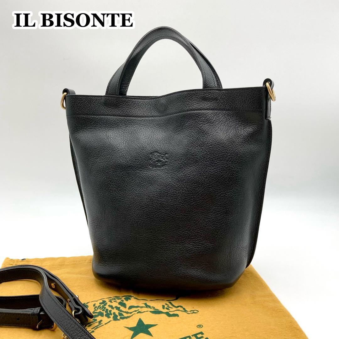 ☆みー☆✨IL BISONTE バケットバッグ 黒 レザー ロゴ 2way