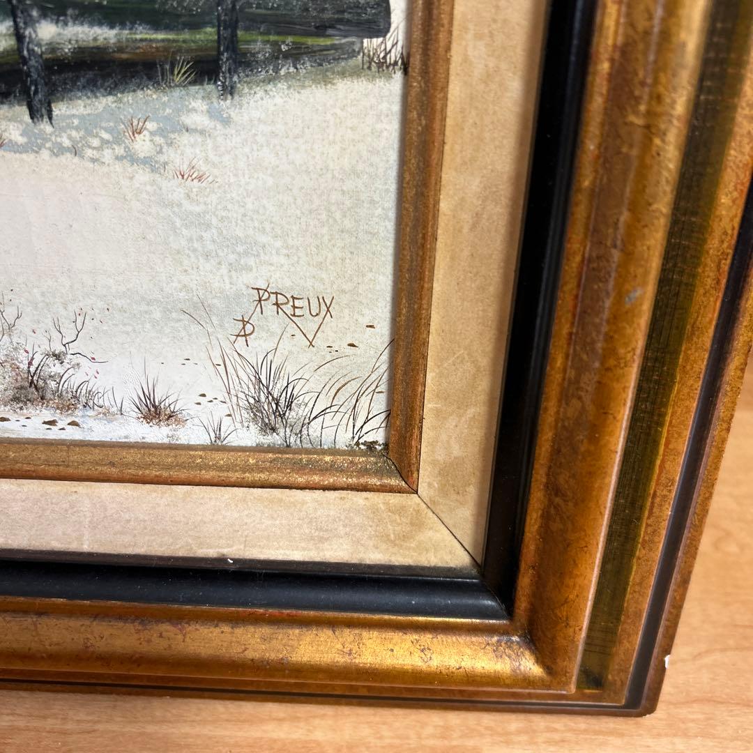 P. Preux 冬の風景 油彩画 金色フレーム付き