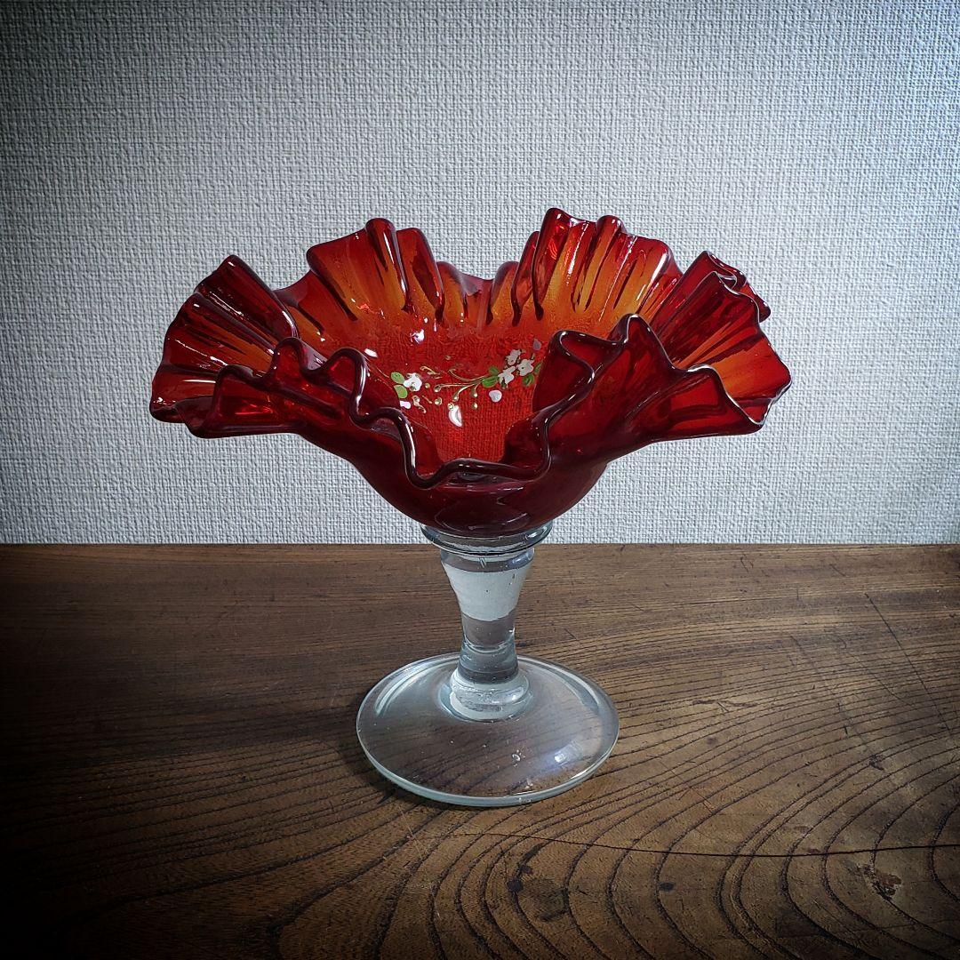 デザートグラス　氷コップ　色ガラス　輪花　ウランガラス　色絵付　明治　大正