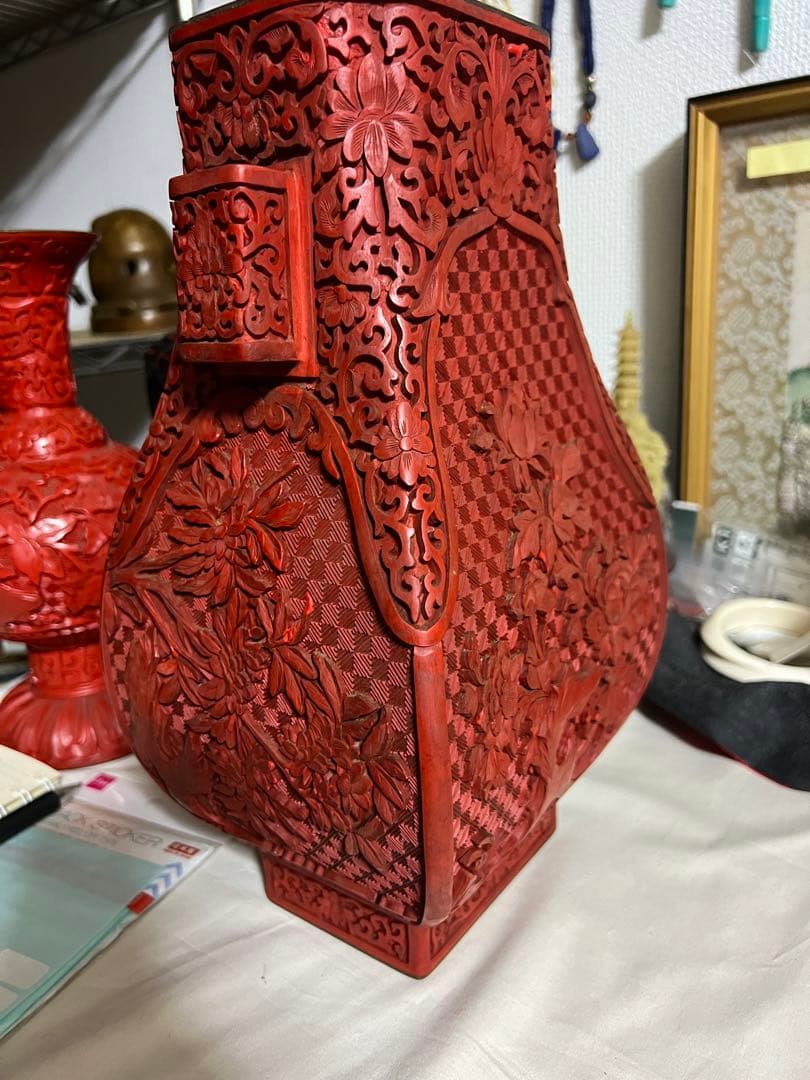 雕漆花瓶 堆朱 中国古美術