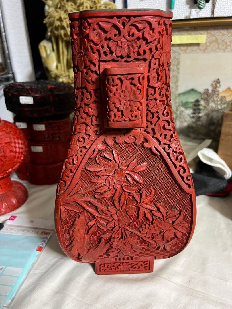 雕漆花瓶 堆朱 中国古美術