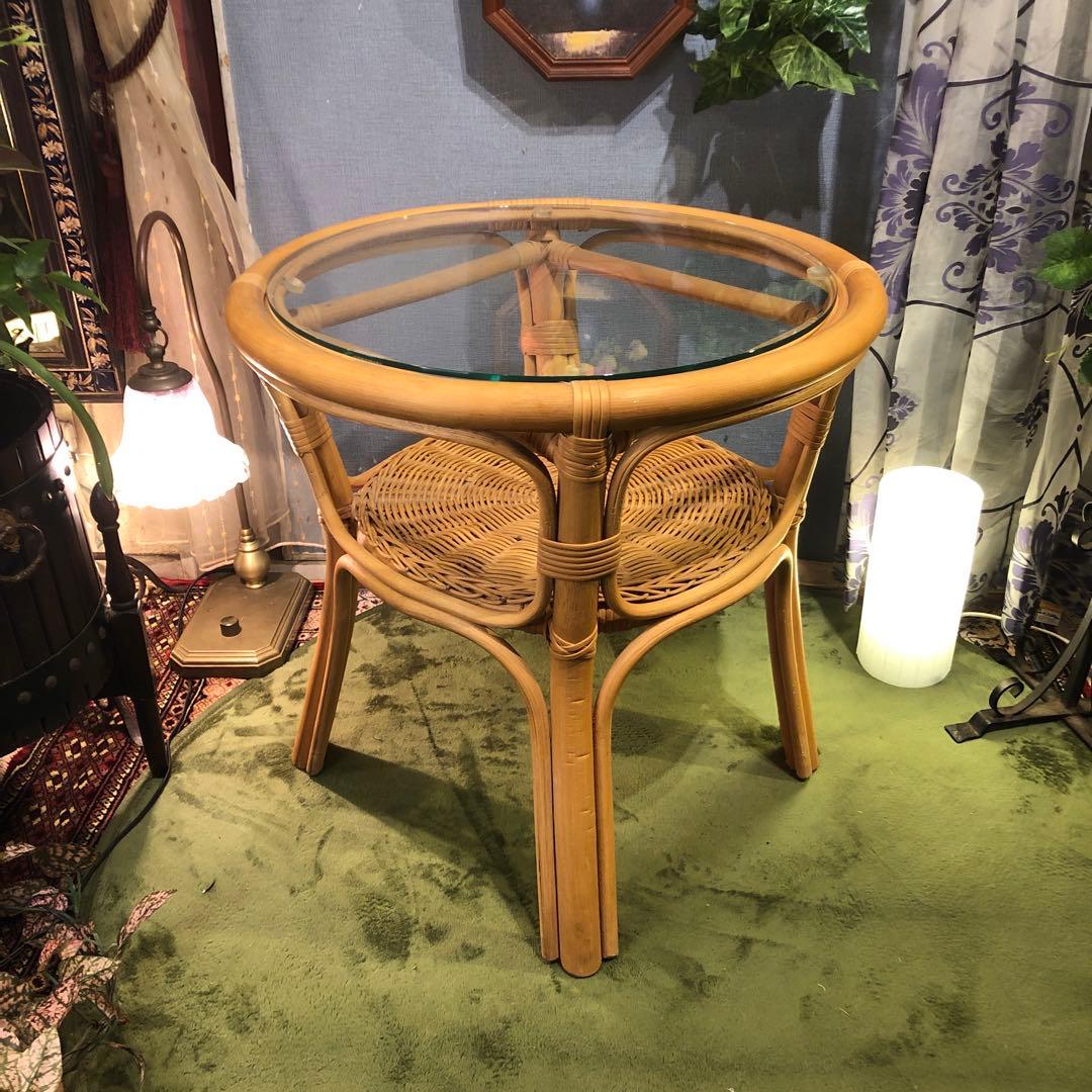 ナチュラル　籐ラタンフレーム サイドテーブル 丸テーブル