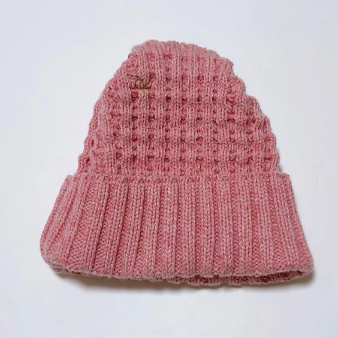 美品45R カシミヤビッグワッフルのニット帽 ピンク フリーサイズ ユニセックス
