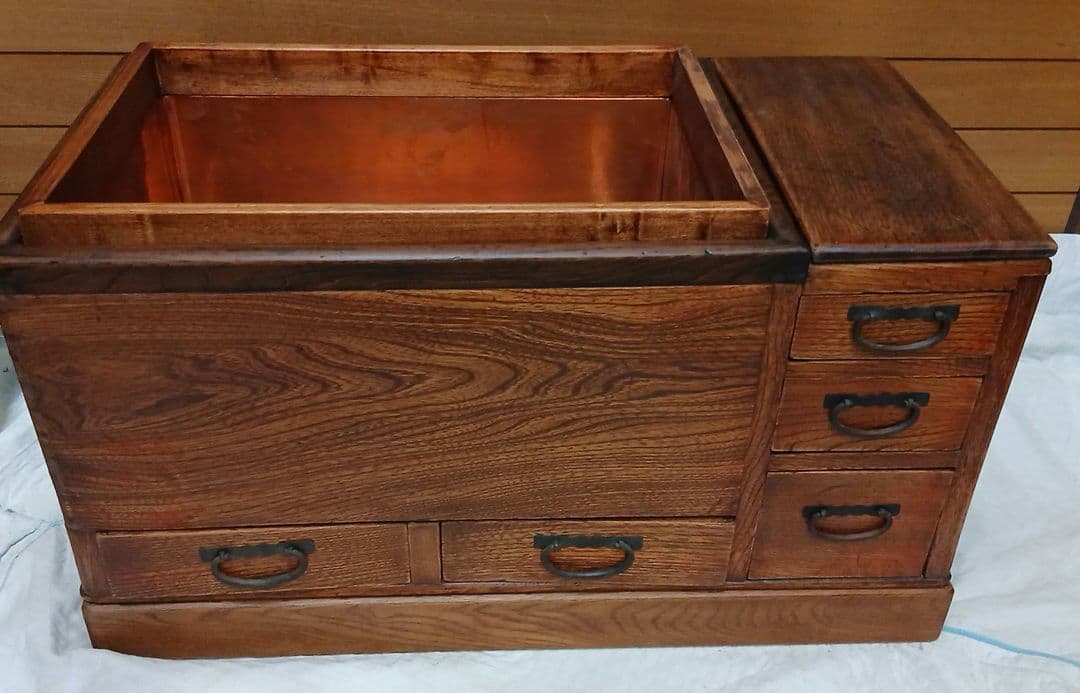 や*す様 レトロ　年代物　木製火鉢 引き出し付き 銅製内装