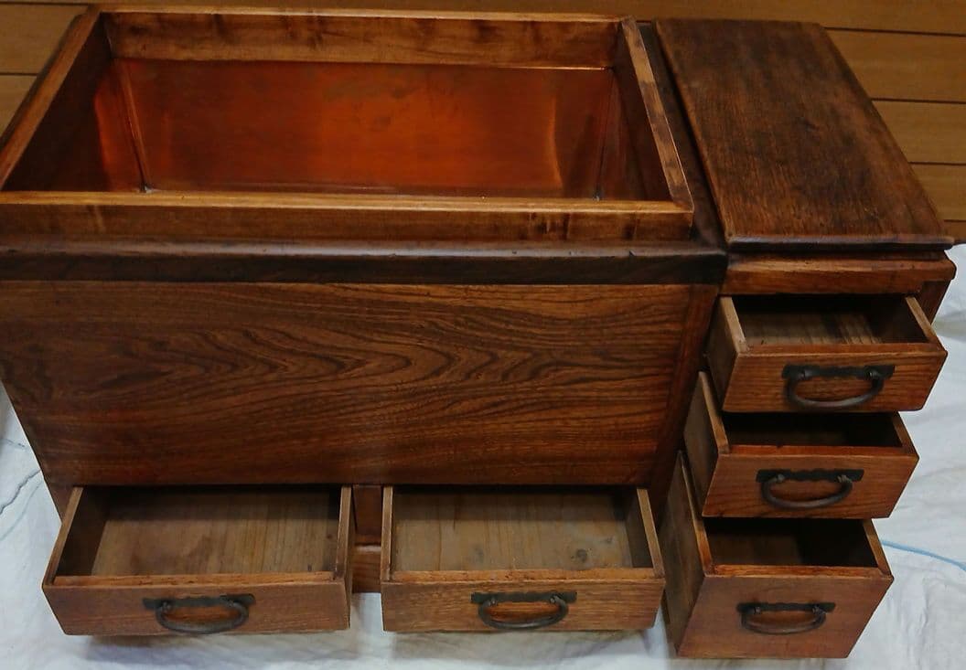 や*す様 レトロ　年代物　木製火鉢 引き出し付き 銅製内装