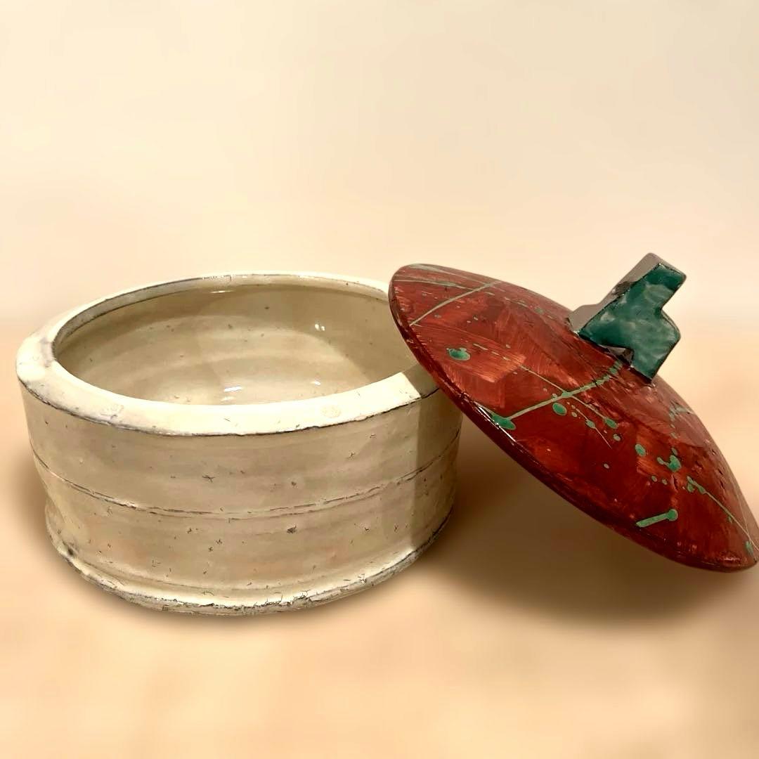 笠間焼　陶芸作家　馬場浩二作　粉引　 蓋物　未使用