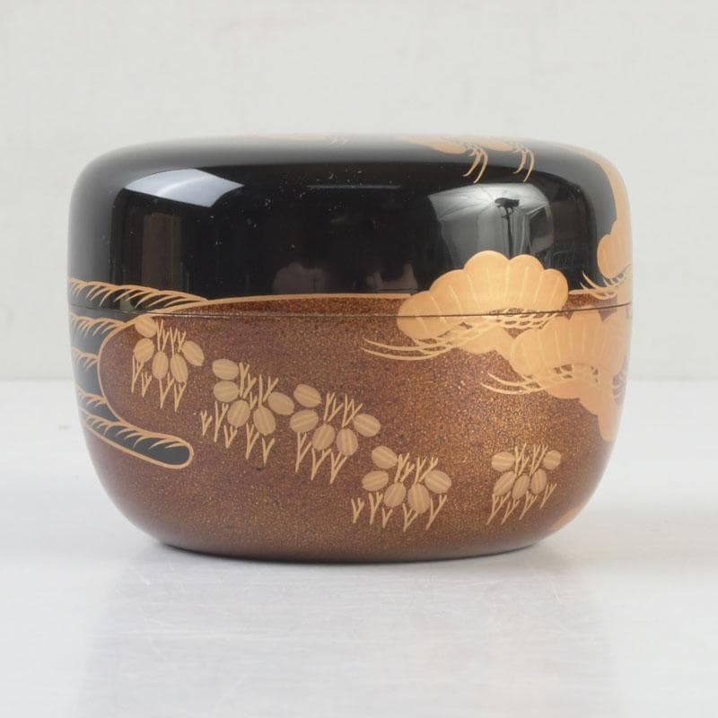 茶道具　漆塗　瑞雲造　老松蒔絵　平棗　共布共箱　V　9495