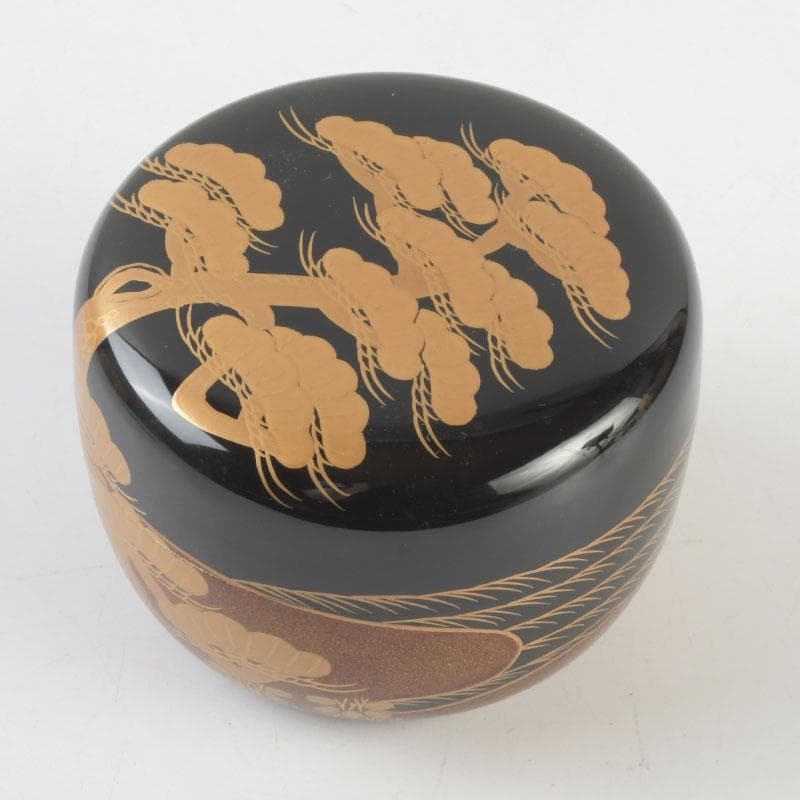 茶道具　漆塗　瑞雲造　老松蒔絵　平棗　共布共箱　V　9495