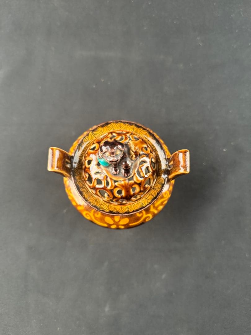 三ツ井為吉作 深厚釉香炉 九谷焼 火焔文皇玉獅子 高足三足 本物保証