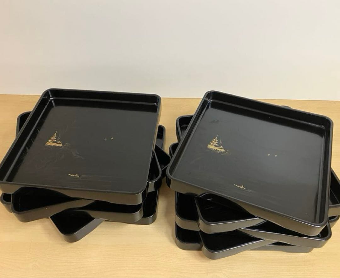 【茶道具 懐石膳 木製黒塗 沈金 山水蒔絵 10枚揃 四方膳 】天然木製 懐石盆