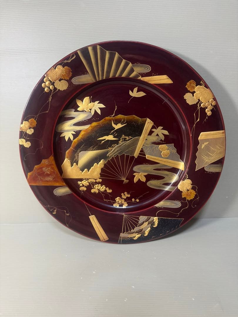 2440 木製金蒔絵　鶴扇果実文　大皿 丸皿 飾皿  37cm  時代物