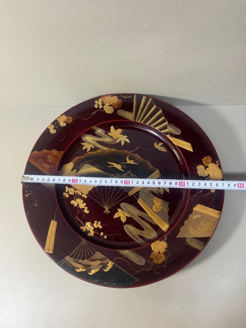 2440 木製金蒔絵　鶴扇果実文　大皿 丸皿 飾皿  37cm  時代物