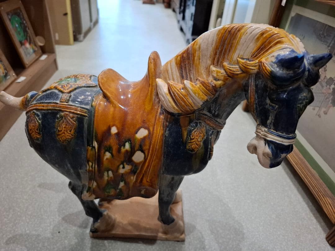 旧豪家蔵出し 唐三彩藍釉戰馬