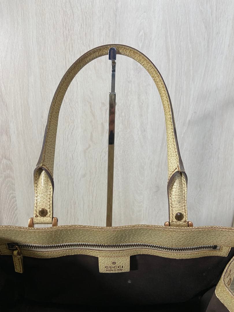 GUCCI ハンドバッグ　GG柄　キャンバス　レザー　ベージュ　スタッズ