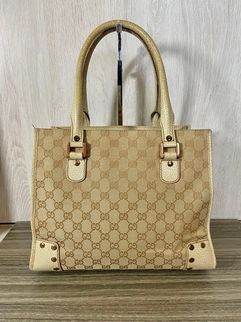 GUCCI ハンドバッグ　GG柄　キャンバス　レザー　ベージュ　スタッズ