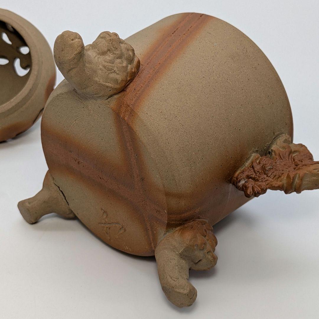 清麻呂窯 備前焼 龍摘緋襷双耳三足香炉 竜 獅子 香道具 茶道具 置物 在銘