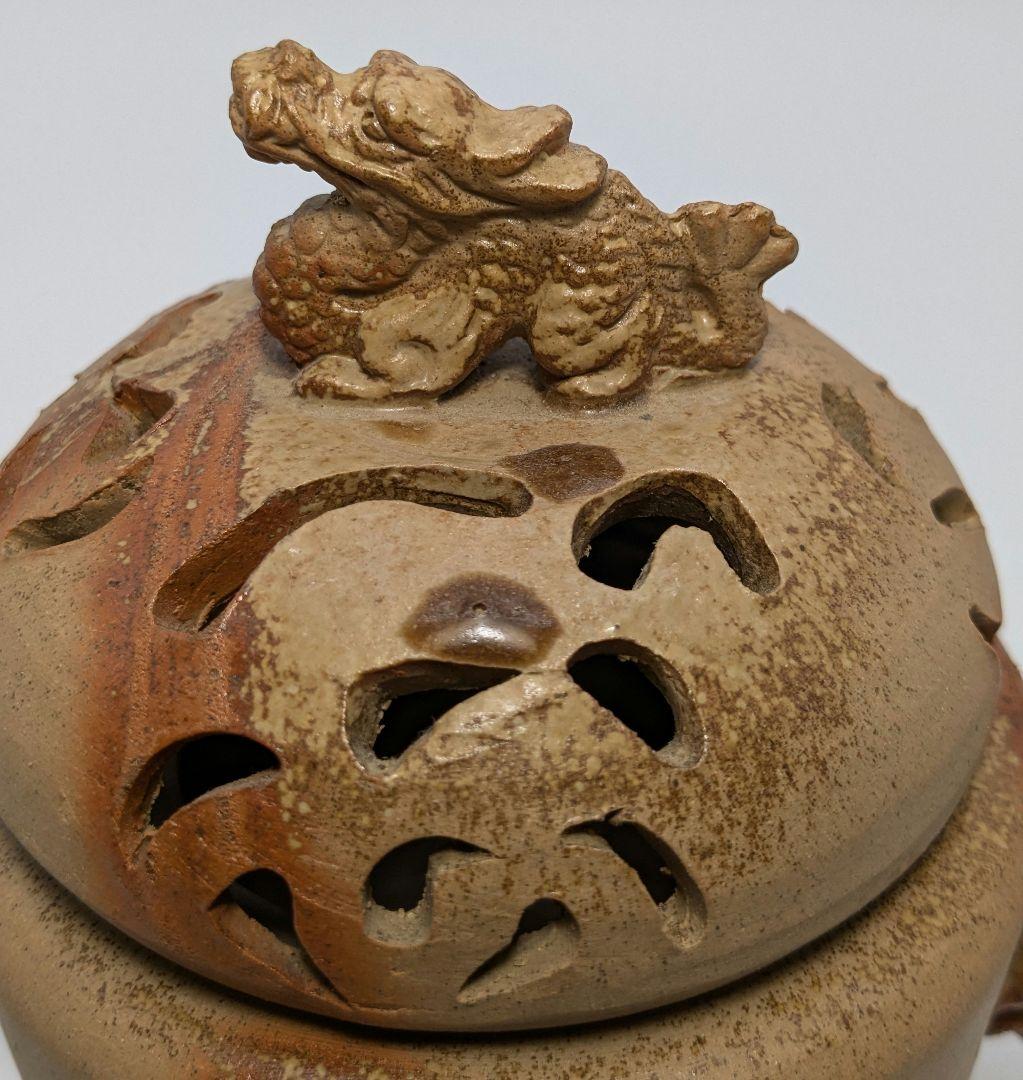 清麻呂窯 備前焼 龍摘緋襷双耳三足香炉 竜 獅子 香道具 茶道具 置物 在銘