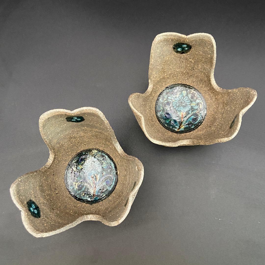 レア 山本長左 九谷焼 妙泉陶房 割山椒 向付 ２客 小鉢 変形皿 陶器