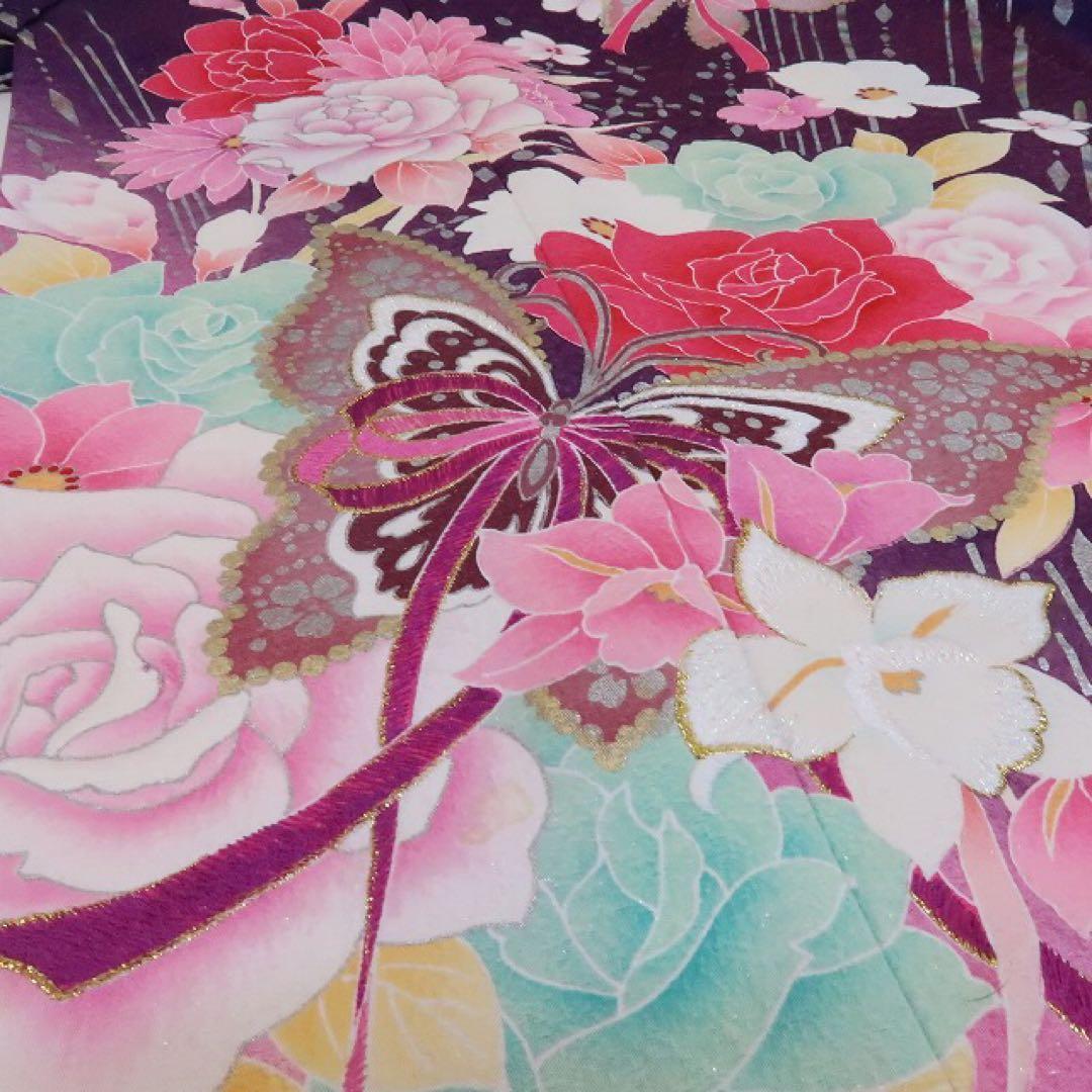 ヒロりん✺美品 正絹 銀通し 刺繍 蝶 薔薇 トール振袖 着物 A1744