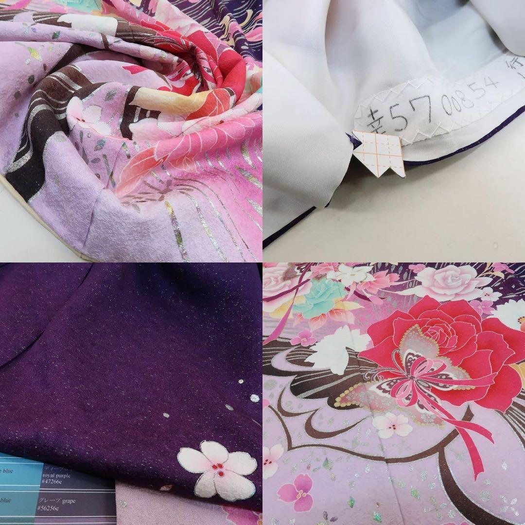 ヒロりん✺美品 正絹 銀通し 刺繍 蝶 薔薇 トール振袖 着物 A1744