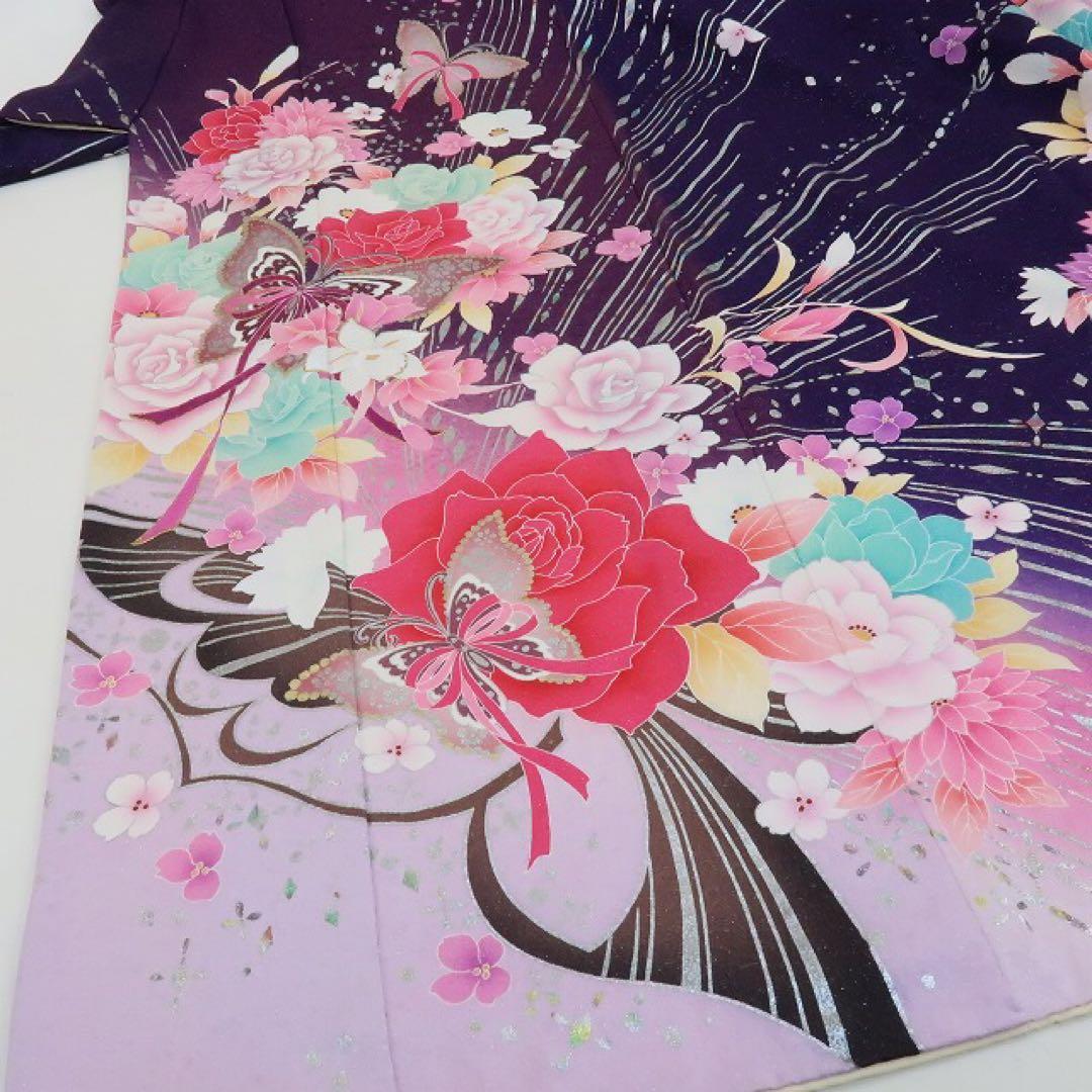 ヒロりん✺美品 正絹 銀通し 刺繍 蝶 薔薇 トール振袖 着物 A1744
