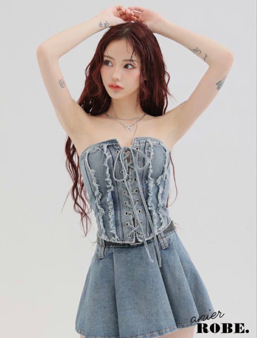 ROBE de FLEURS デニムレースアップベルトセットアップミニドレス