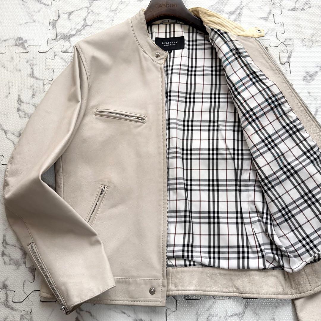 バーバリーブラックレーベル ノバチェック ライダースジャケット 羊革 アイボリー