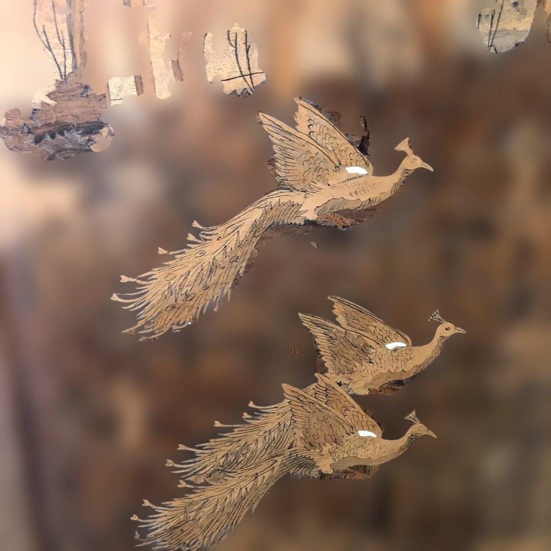 昭和52年製 木象嵌 三連衝立 松に孔雀 瑞鳥 神戸税関検査印 260117-1