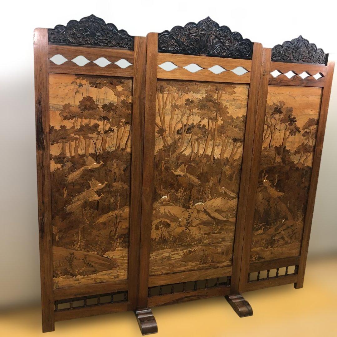 昭和52年製 木象嵌 三連衝立 松に孔雀 瑞鳥 神戸税関検査印 260117-1