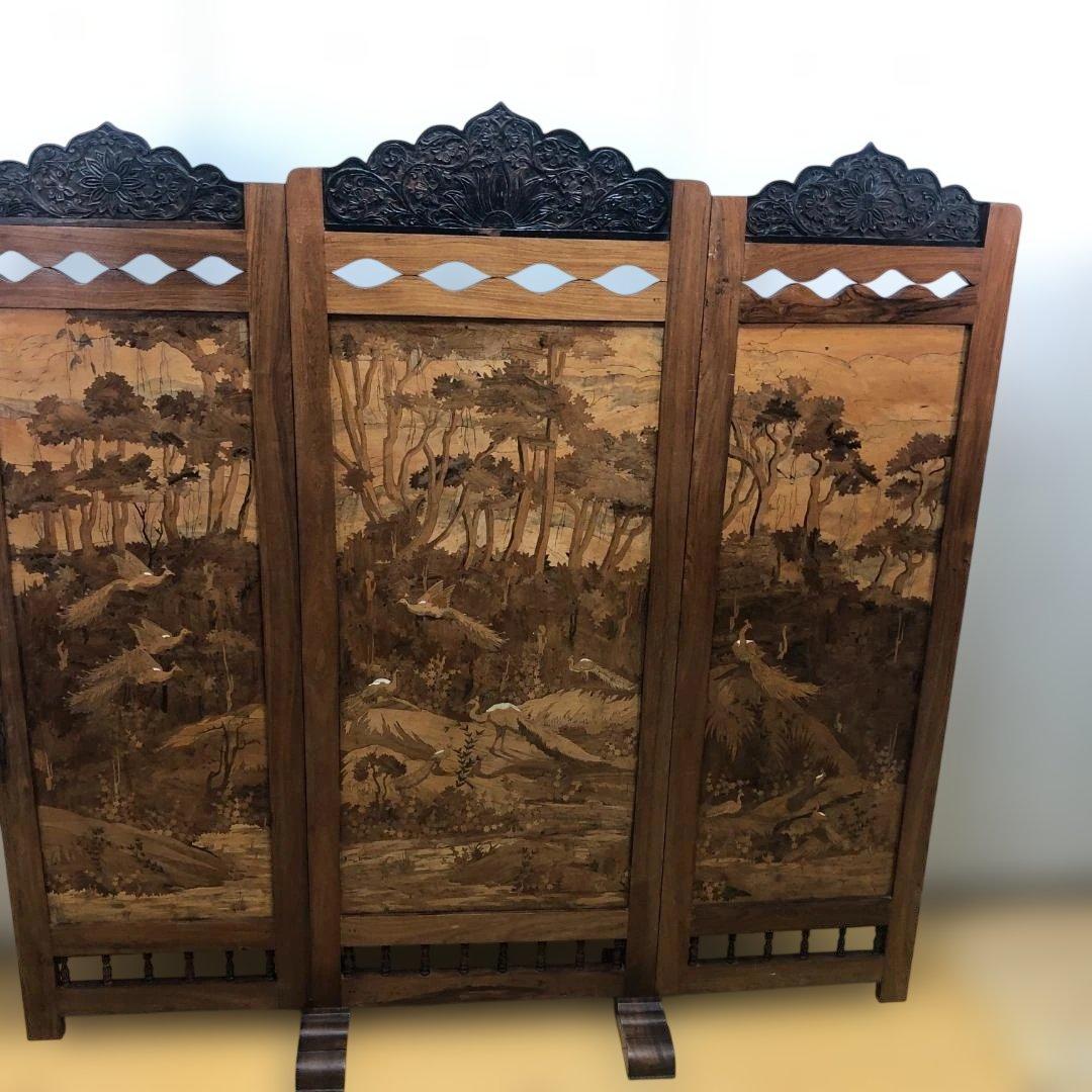 昭和52年製 木象嵌 三連衝立 松に孔雀 瑞鳥 神戸税関検査印 260117-1