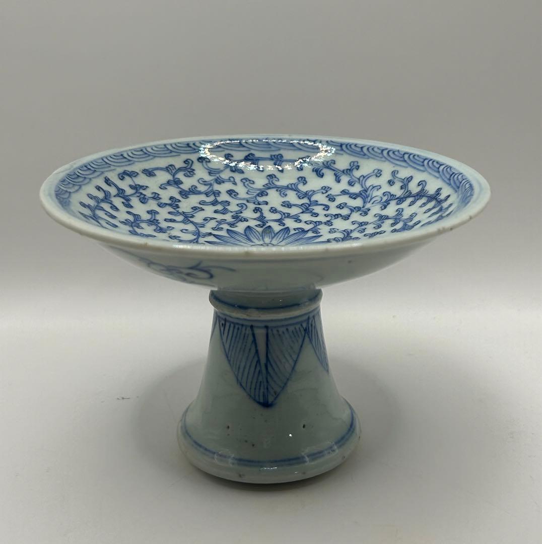 中国　清時代　染付蓮紋高台皿　アンティーク　送料込み0925