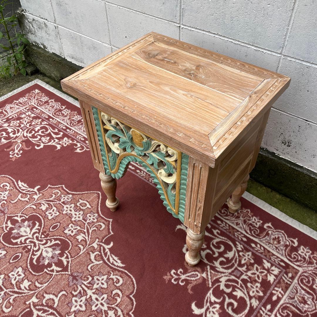 木製無垢材 チーク材◾️彫刻デザイン サイドテーブル 飾り台 ディスプレイ台 花台