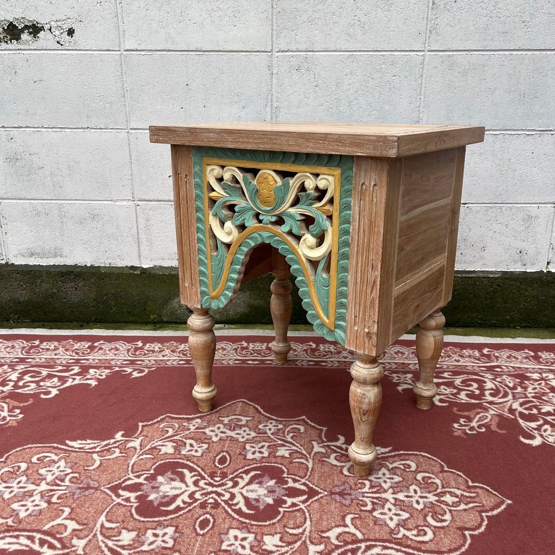 木製無垢材 チーク材◾️彫刻デザイン サイドテーブル 飾り台 ディスプレイ台 花台