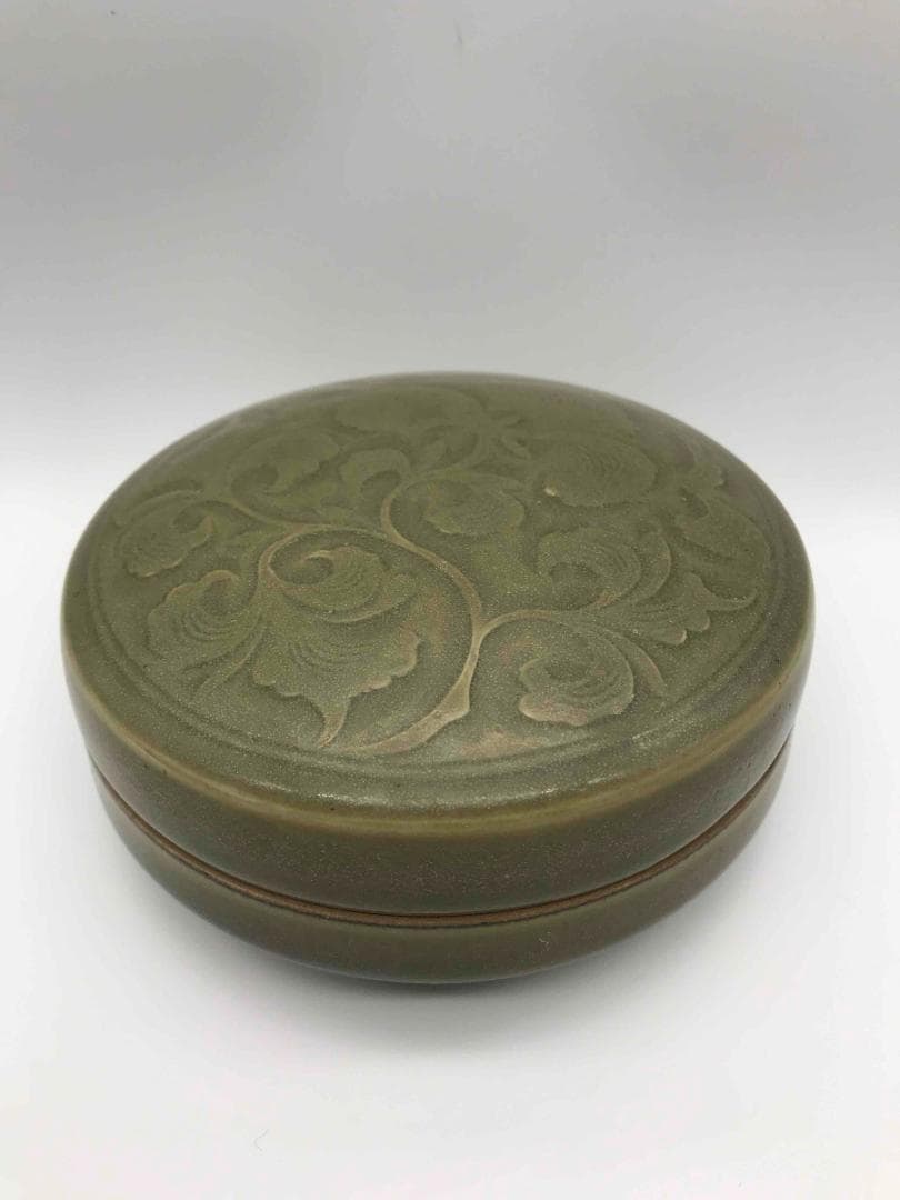 北宋～金時代　青磁貼花唐草紋合子　文房香合　耀州窯　朱泥入れ古文房具(A-45)
