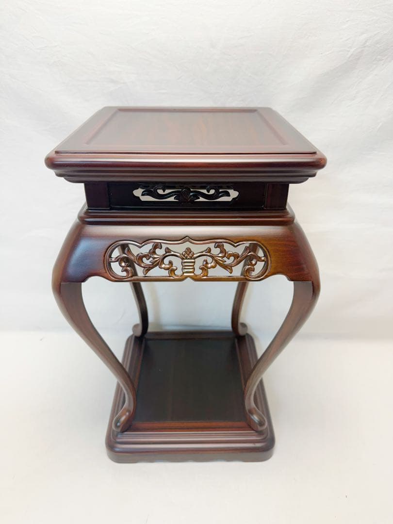 未使用 華道具 中国古美術 黒檀 唐木 透かし彫 猫足 高燭台 高卓 盆栽台紙箱